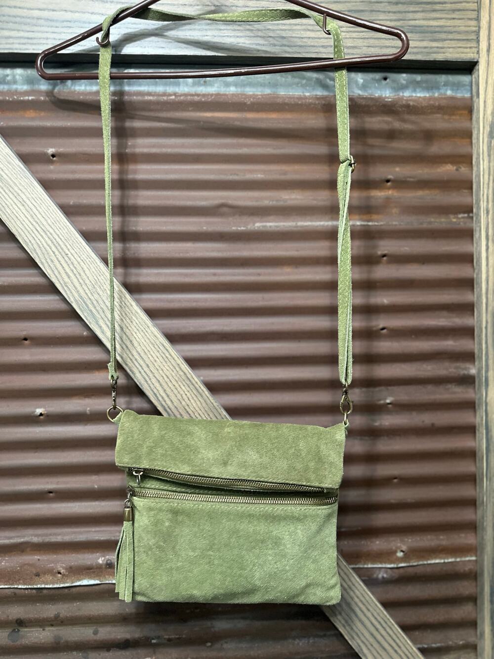 Green suede leather purse.
